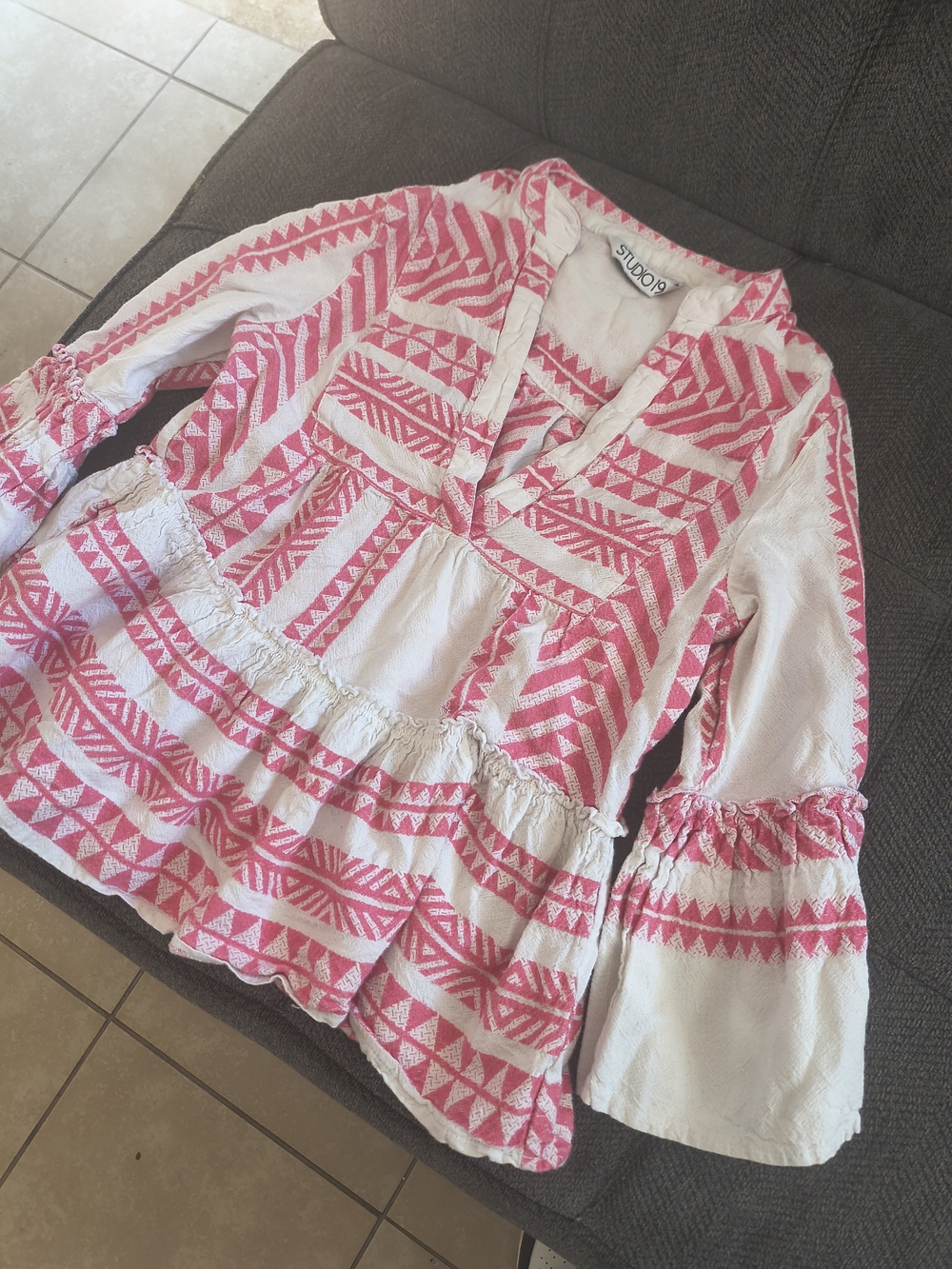 Studio White Tunic with Pink Geometric Embroidery